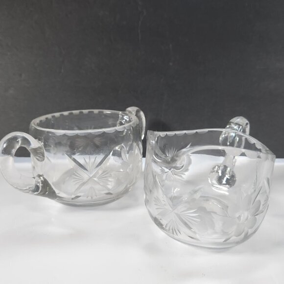 Cream and Sugar Set Vintage Lead Crystal Etched Flowers Heavy Glass - Picture 1 of 16